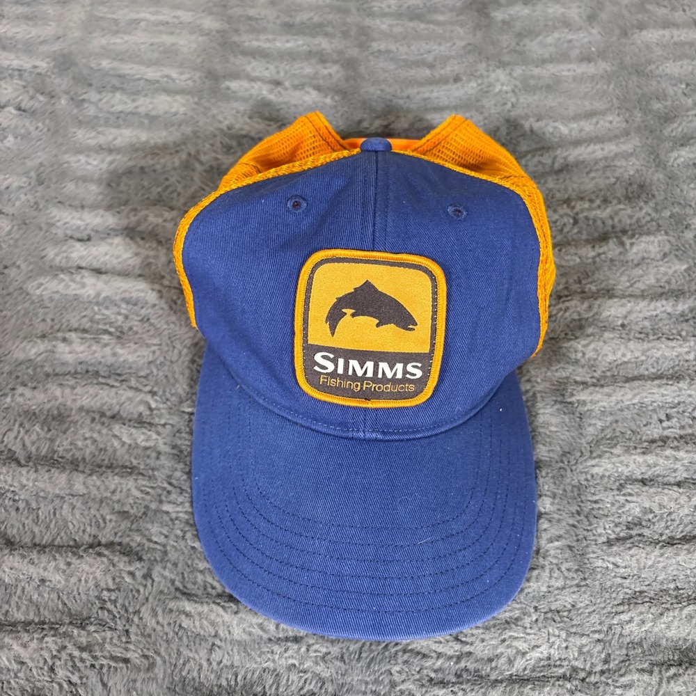 Simms Fishing Products Trucker Hat Blue Orange Logo Patch Snapback Cap OSFA